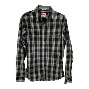 Wrangler Mens Shirt Size Medium Black Plaid Button Up Long Sleeve Shirt Pockets
